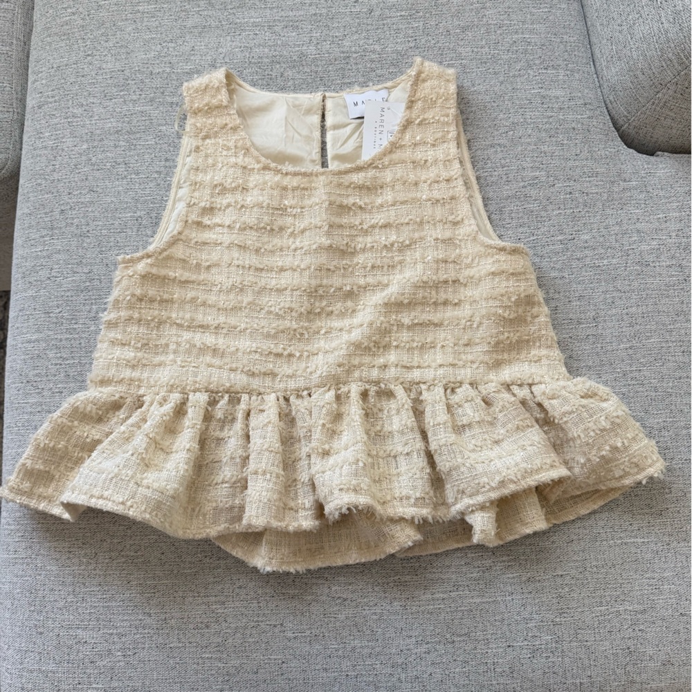 Sleeveless Beige Tweed Peplum Top